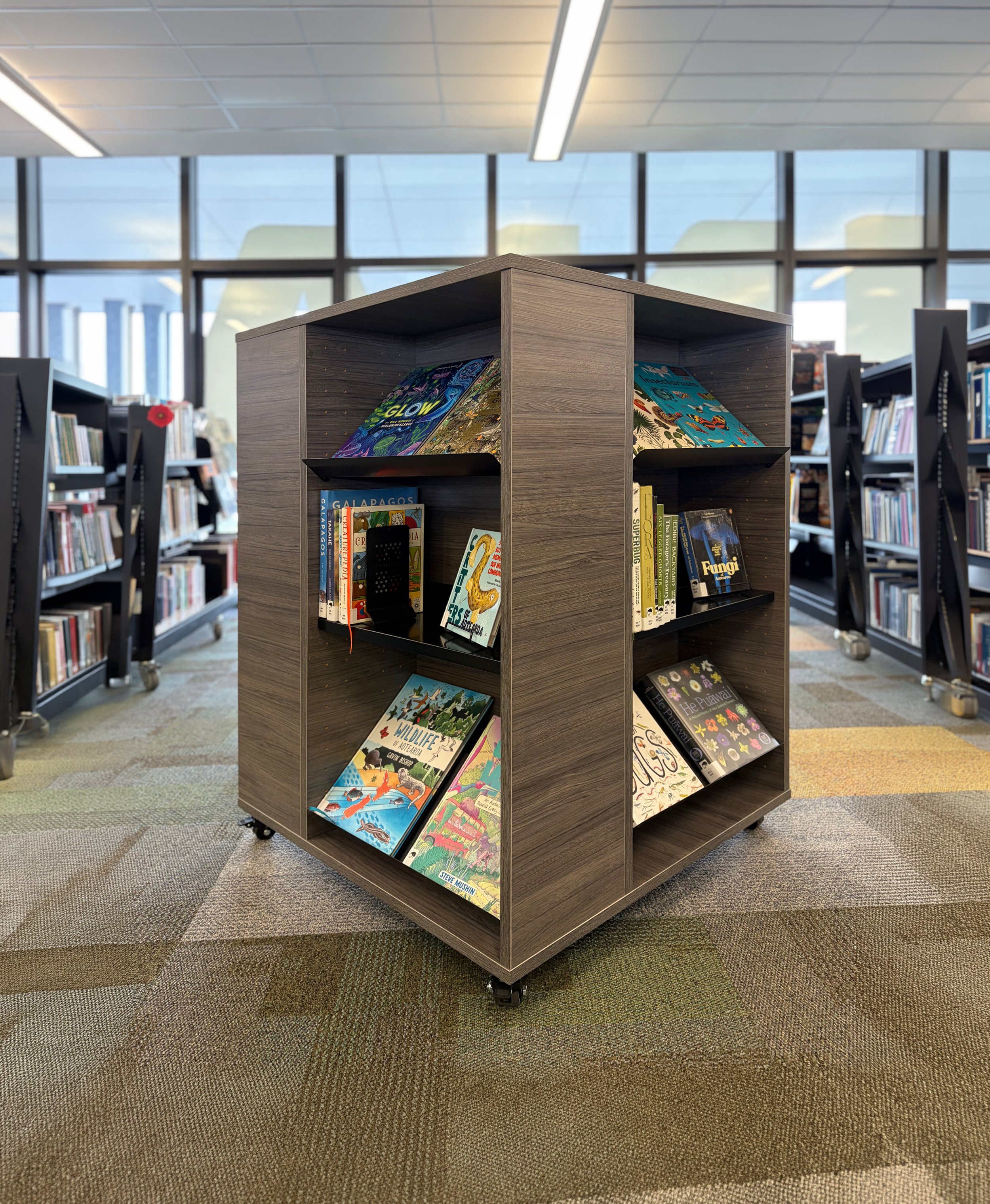 A wooden book display shelf on wheels in a library, filled with colorful children's books. The background shows tall shelves and large windows letting in natural light.