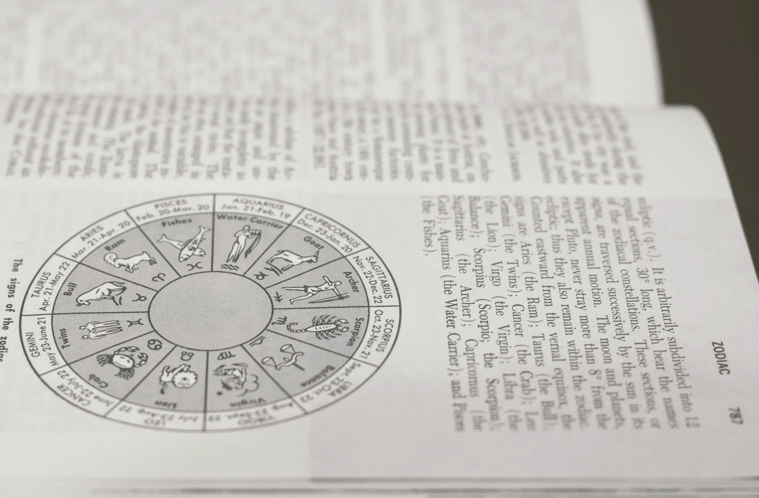 Close-up of a printed astrological zodiac wheel and related text on a paper document.