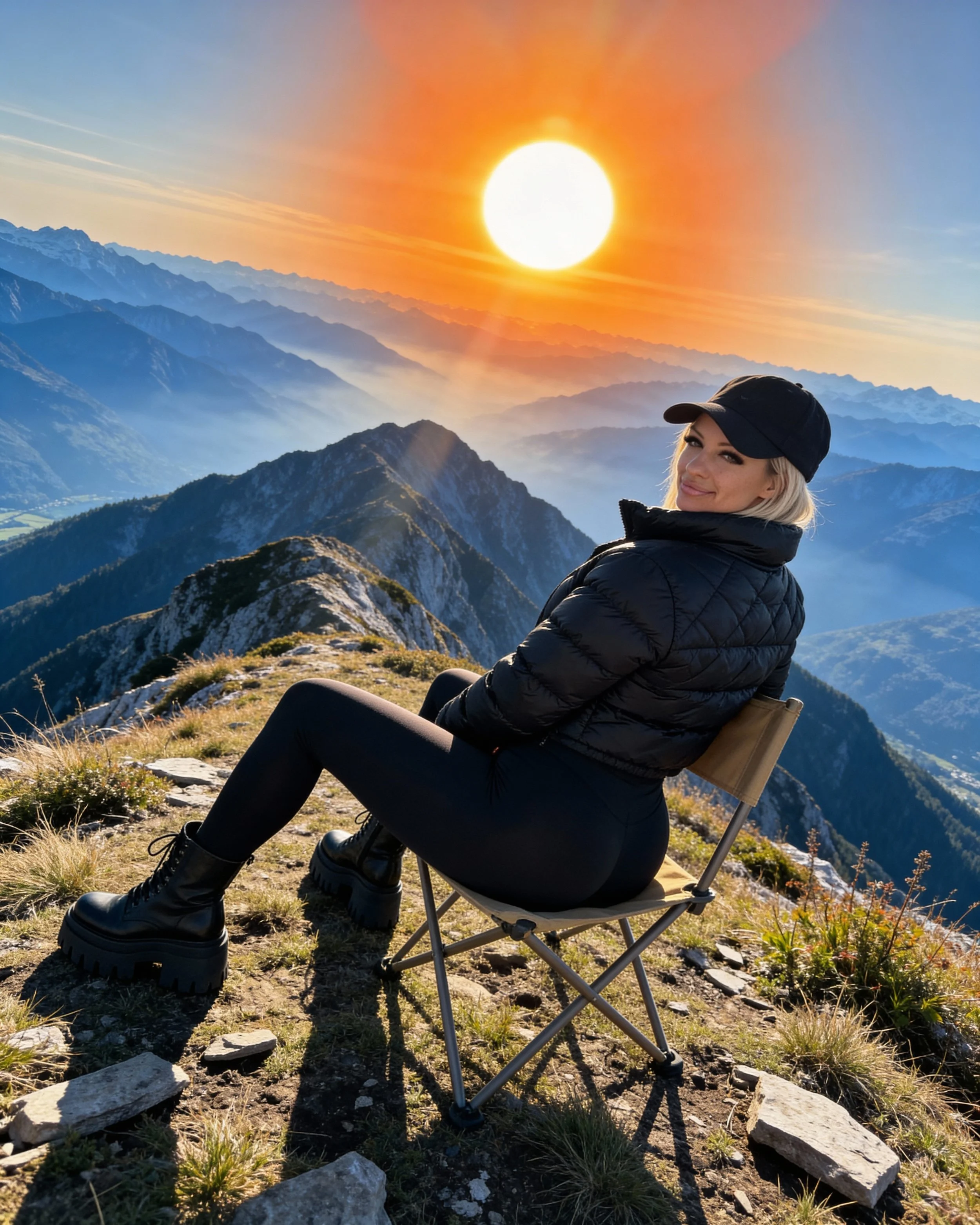 A woman sitting on a camping chair on a mountain ridge at sunset, with a scenic view of multiple mountain ranges and a bright sun in the sky.