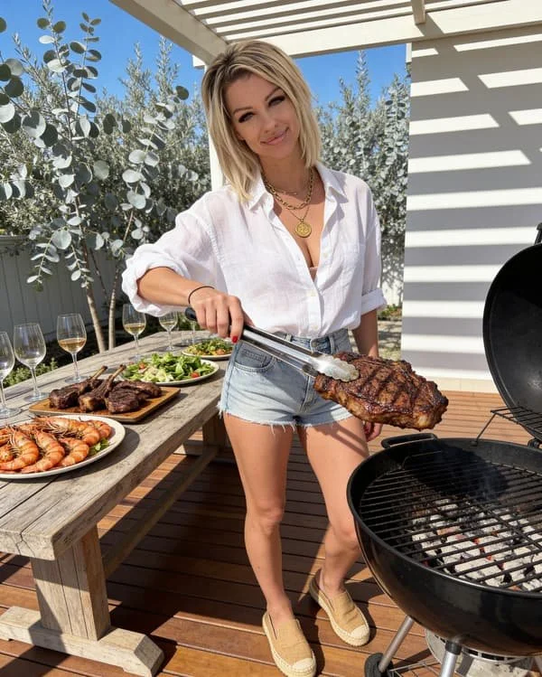 A woman with blonde hair in a white shirt and denim shorts grilling steak on a barbecue grill outside during daytime. A wooden table with shrimp, salad, and wine glasses is nearby.