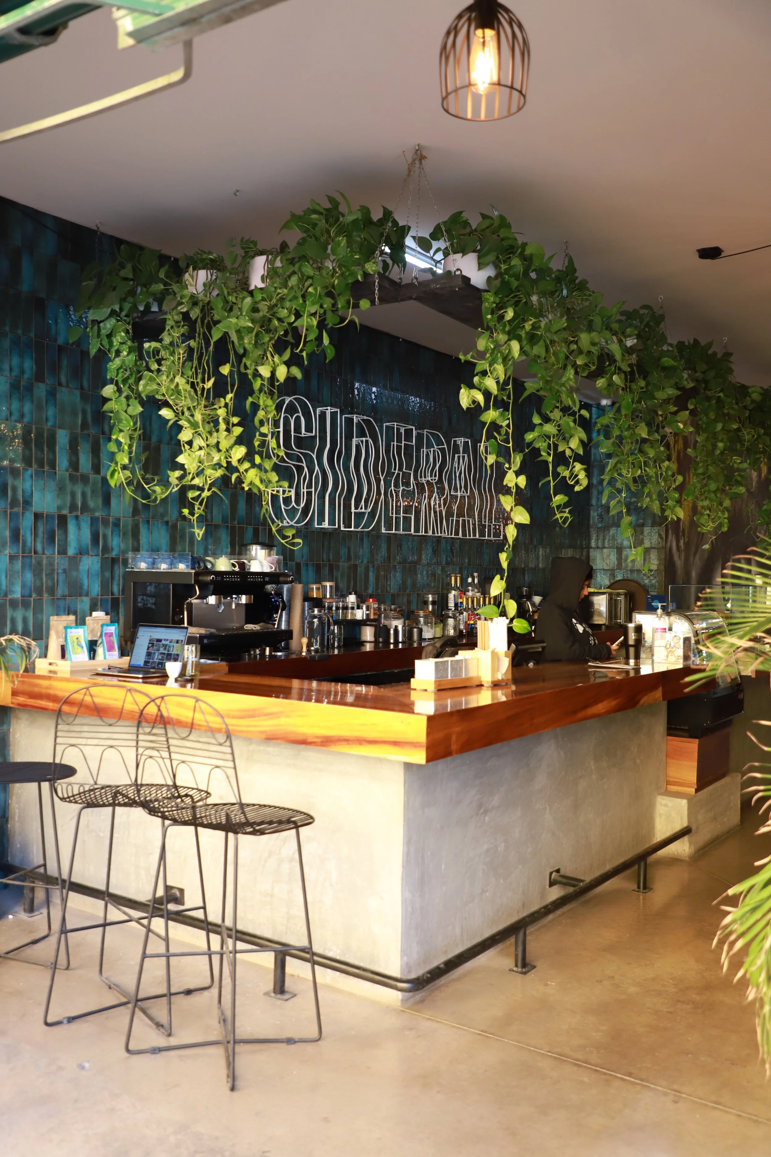 Interior of a modern coffee shop or cafe with a wooden counter, barista preparing drinks, green hanging plants, teal tiled wall, and a neon sign that says 'SHTEREL' on the wall. There are chairs and a plant in the foreground.