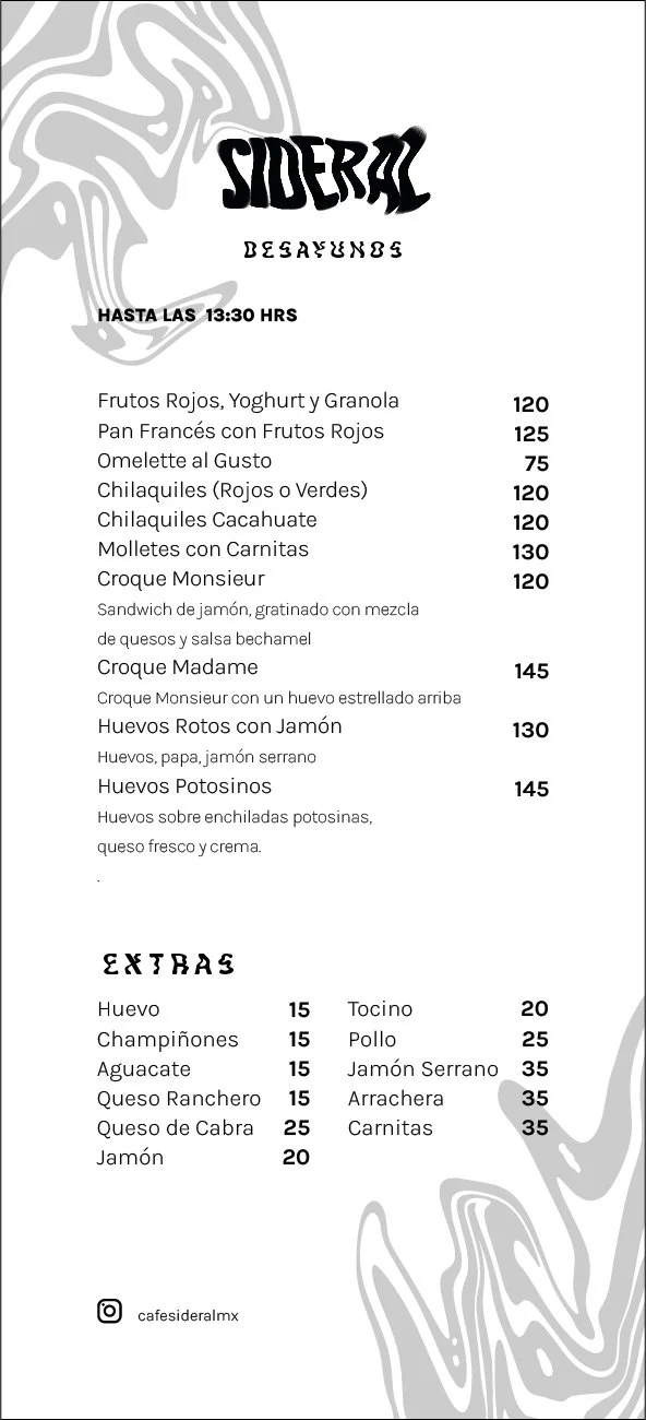 Menu from Sidereal restaurant offering various breakfast items, sandwiches, and extras, with prices listed in pesos.