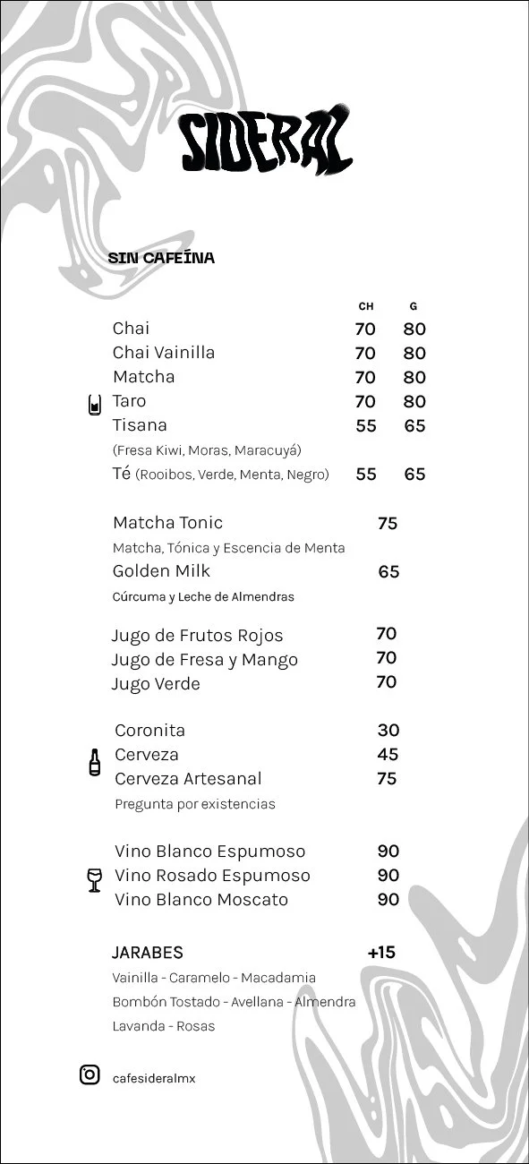 Menu of a beverage shop named Sideral, featuring drinks like chai, matcha, fruit juices, wines, and desserts, with prices listed in pesos.