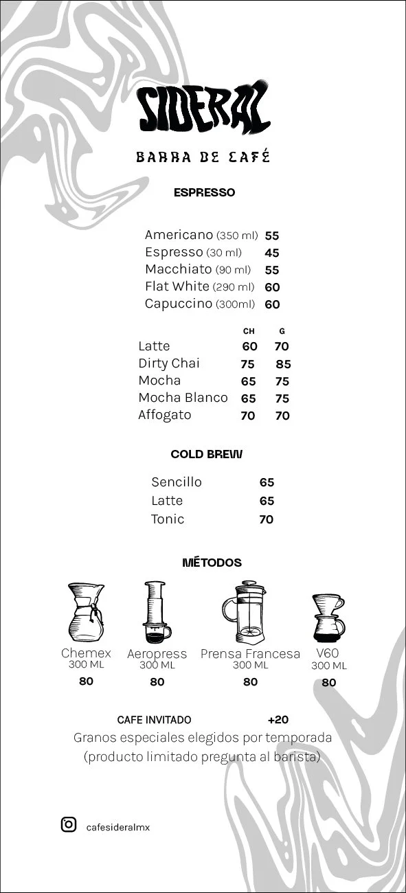 Coffee menu from Sideral Barba de Café including options like Americano, Espresso, Macchiato, Frappe, Cappuccino, Latte, Dirty Chai, Mocha, Mocha Blanco, and Affogato with prices; cold brew options; methods of brewing; and an invitation for guests to ask about seasonal specialty beans.