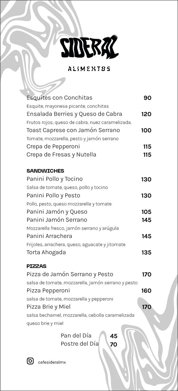 Menu from a restaurant called Sideral, featuring appetizers, soups, sandwiches, pizzas, and desserts with prices listed in pesos.