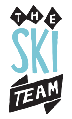 Graphic text logo that says 'The Ski Team' with 'The' at the top, 'Ski' in large blue letters in the middle, and 'Team' at the bottom. Black diamond shapes behind the text.
