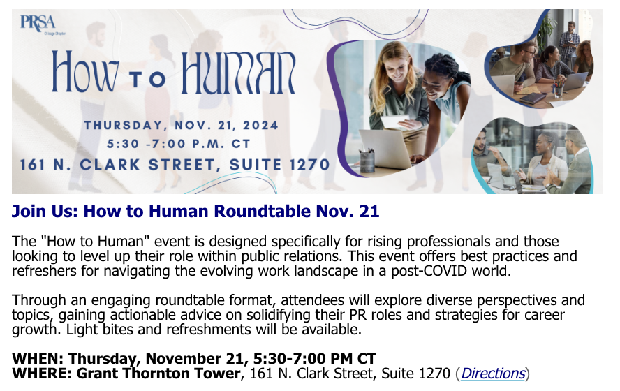 Event flyer for 'How to Human' roundtable event on November 21, 2024, from 5:30 to 7:00 PM at Grant Thornton Tower, 161 N. Clark Street, Suite 1270. Features images of diverse professionals collaborating and engaging in discussions.
