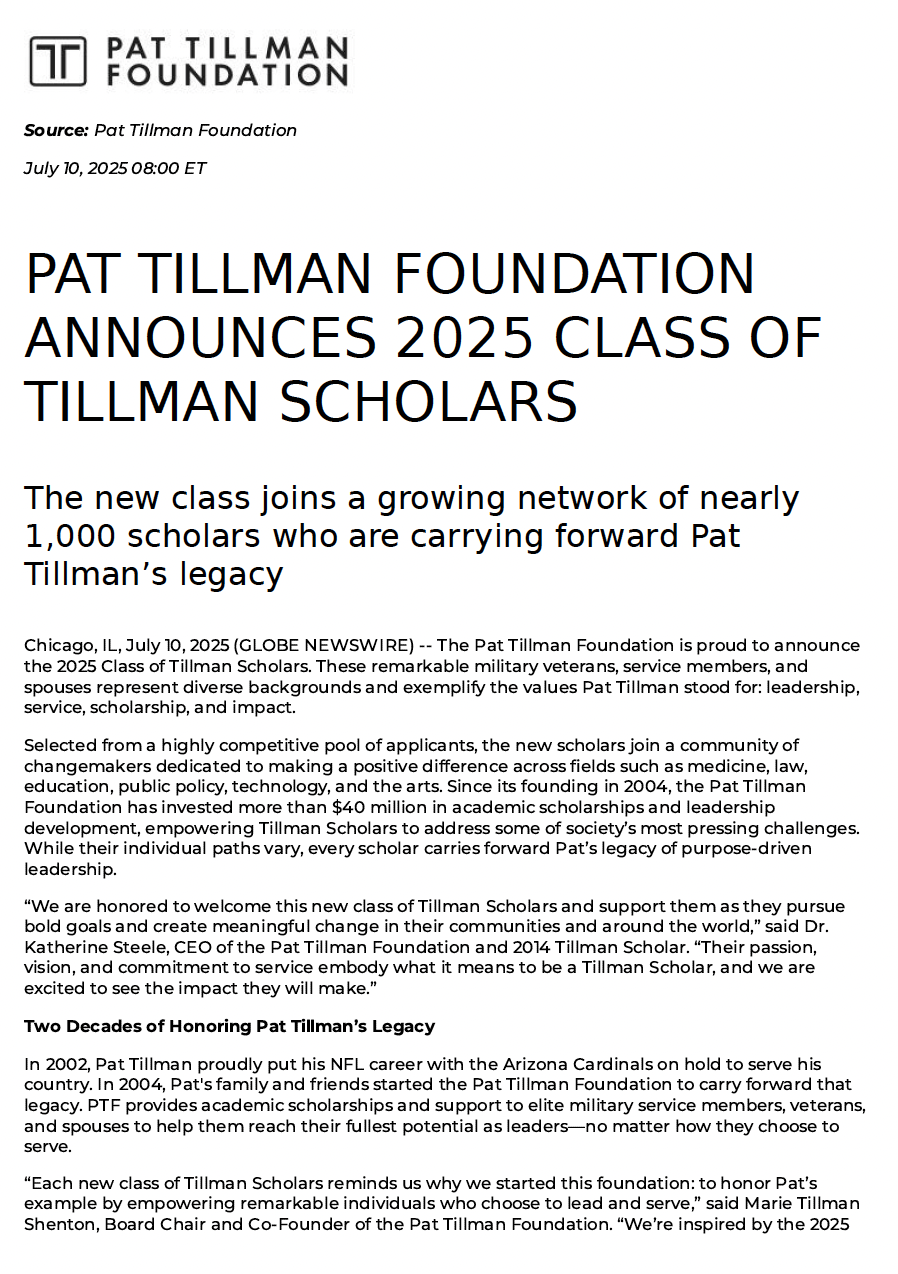 Press release announcing the Pat Tillman Foundation's 2025 class of Tillman Scholars, highlighting their leadership, service, scholarship, and impact, with a quote from Dr. Katherine Steele and details about Pat Tillman's legacy.