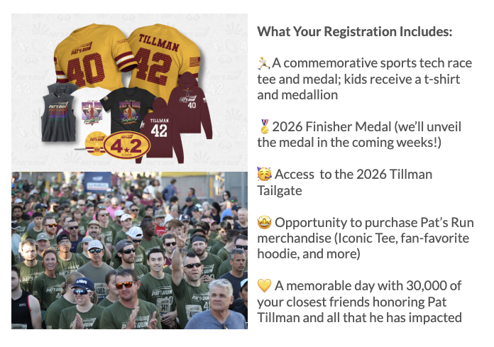 Photo of customized sports jerseys, including yellow and maroon T-shirts with the name 'TILLMAN' and number 42, and a black T-shirt with the number 40, along with a peace sign and an emblem with the number 4. The lower part shows a large crowd of people wearing green shirts at a race event.