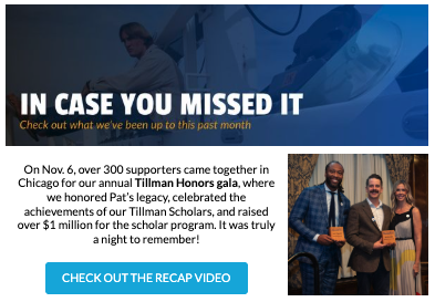 A promotional banner for the Tillman Honors Gala, showing a man in a suit at a podium, and a group of people holding awards, with a blue theme and text about the event's success.
