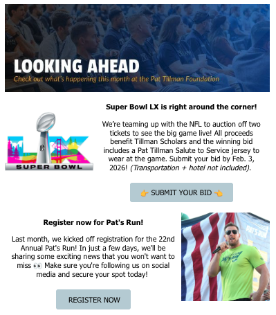 A promotional webpage about upcoming events, including Super Bowl LX and Pat's Run. Features an image of a man in athletic gear holding an American flag, and a graphic of the Super Bowl trophy.