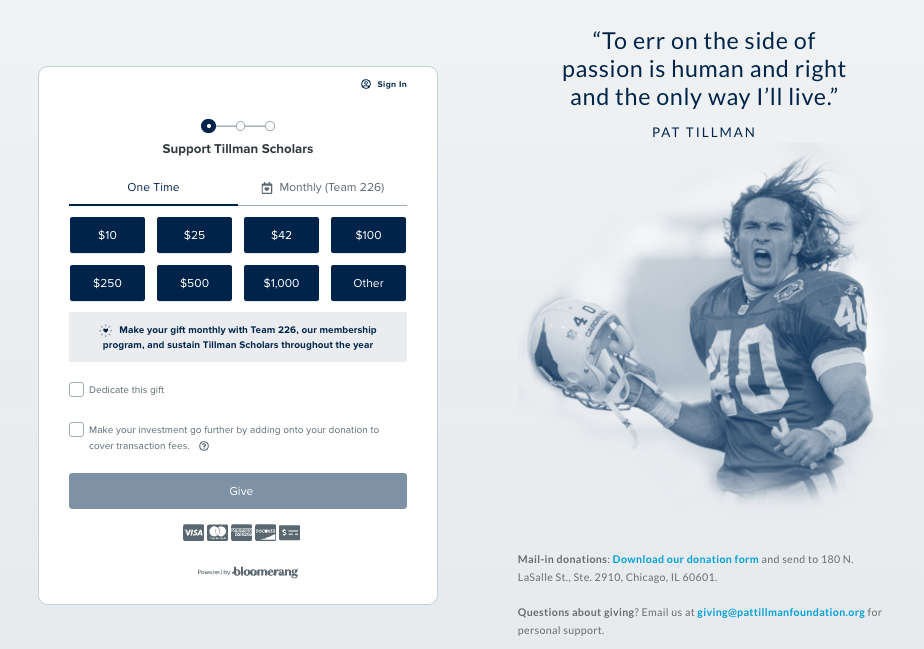 A donation webpage with a support prompt for Tillman Scholars, offering various one-time contribution options, and an image of a sports player celebrating with a football, displaying a quote by Pat Tillman.