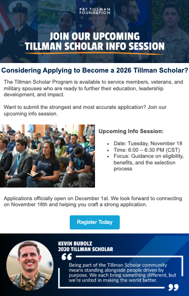 Flyer for upcoming Tillman Scholar info session, featuring photos of diverse students, a man in uniform, and a smiling man, with details about the event date, time, focus, and application process.