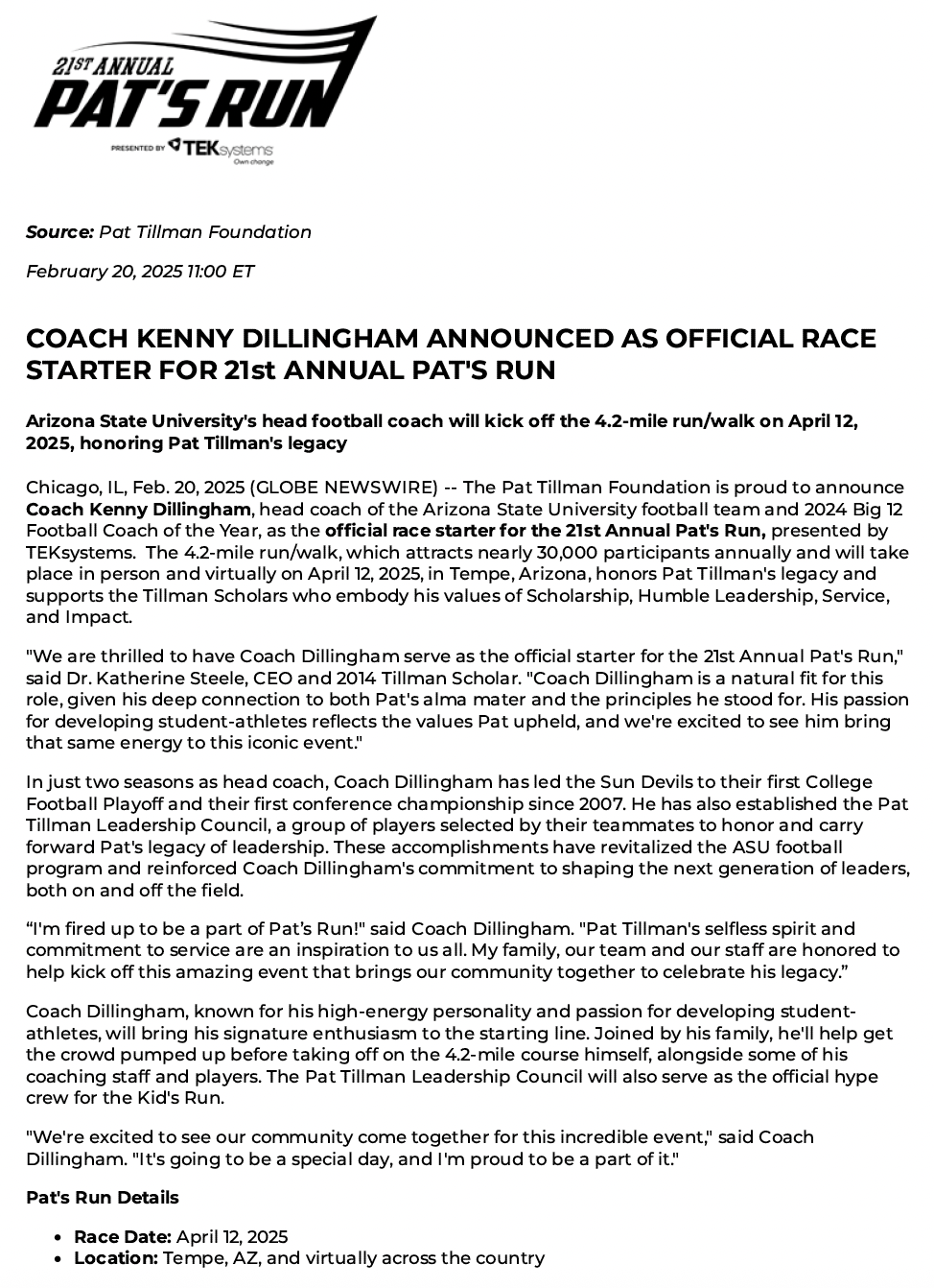 Press release for the 21st Annual Pat's Run, announcing Coach Kenny Dillingham as the official race starter, with details about the event on April 12, 2025, in Tempe, Arizona.