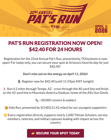 Poster for the 22nd Annual Pat's Run, scheduled for April 11, 2026, featuring registration details, race information including a 4.2-mile run through Tempe, Arizona, kids run, and a call to action to secure a spot.