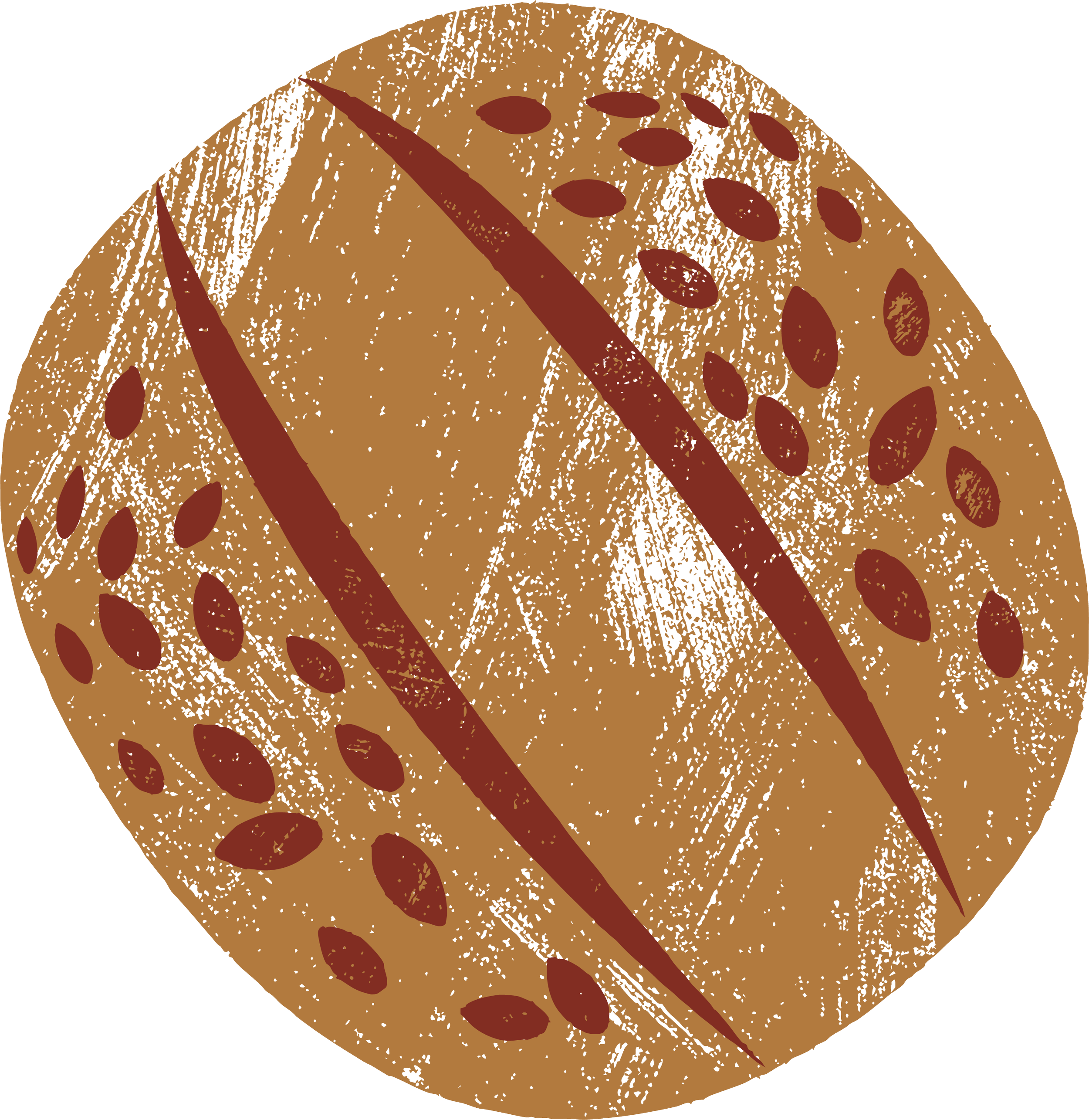 A close-up digital illustration of a round, brown cookie with darker brown almond-shaped spots and darker brown lines on top.