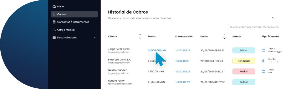 Dashboard de Monato mostrando el historial de cobros y el estado de transacciones de domiciliación bancaria procesadas vía API y batch, facilitando la conciliación operativa diaria