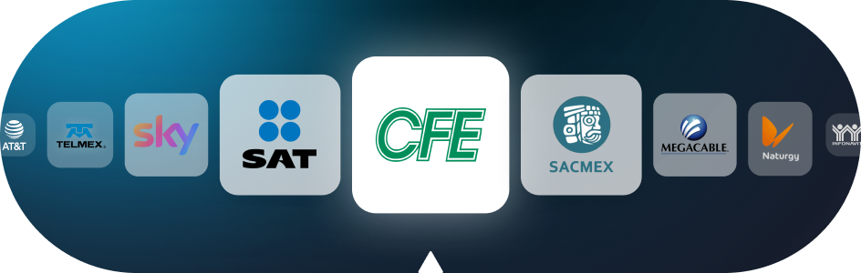 Carrusel de logos de convenios disponibles en Monato para el pago de más de 220 servicios, incluyendo CFE, SAT y recargas de tiempo aire, operando bajo una infraestructura de cash in y cash out (depósitos y retiros en efectivo)