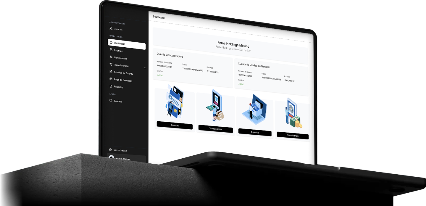 Interfaz del dashboard de Monato mostrando la administración de cuentas de recepción, saldos totales y estatus de cuentas activas en tiempo real