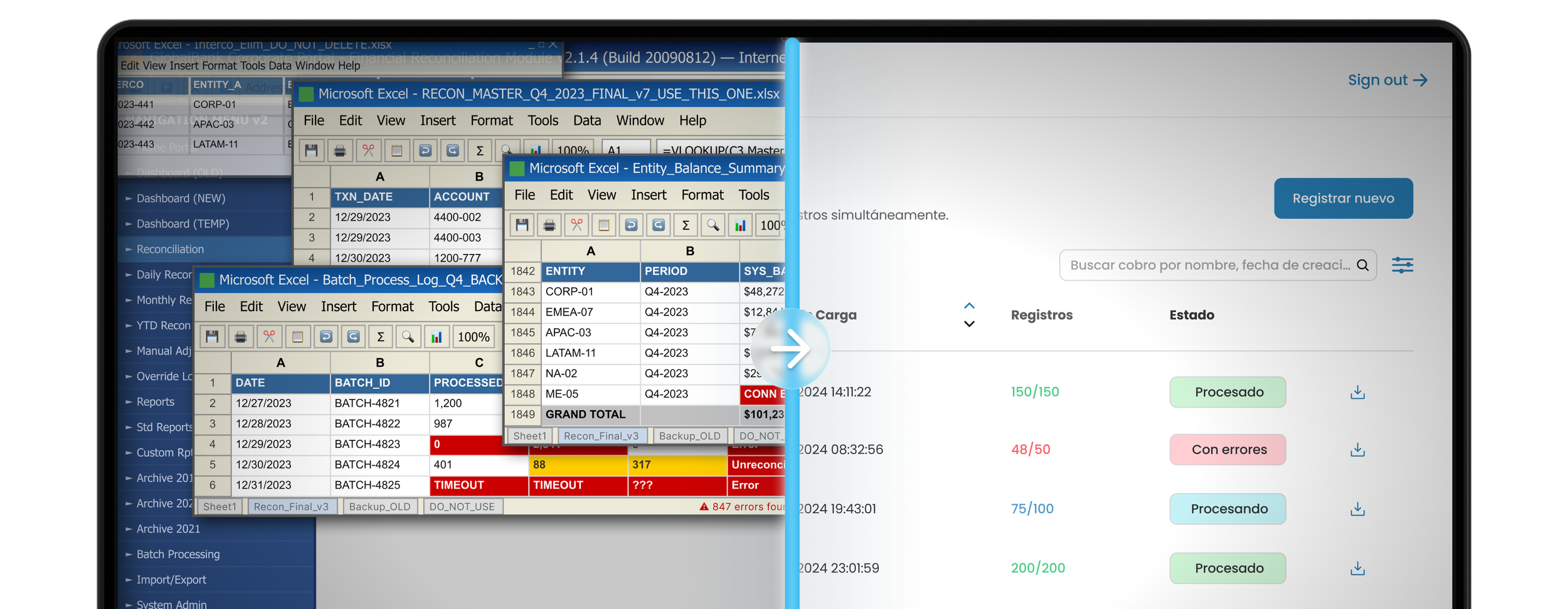 Comparativa visual que muestra la transición de procesos financieros manuales y desordenados en hojas de cálculo de Excel hacia la plataforma de conciliación inteligente y automatizada de Monato