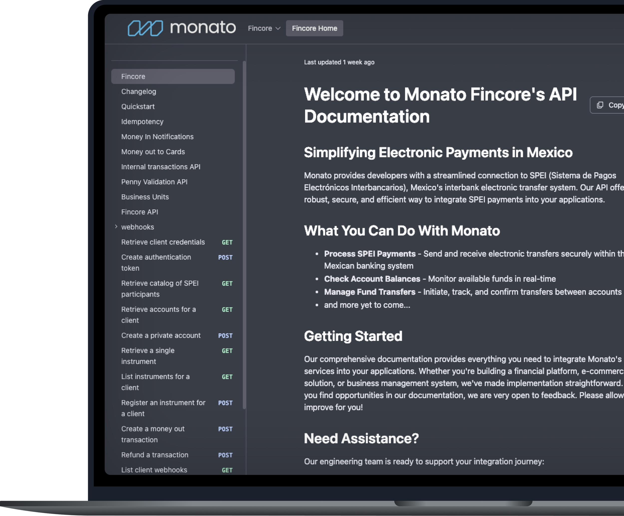 Vista de la documentación técnica de Monato Fincore en una computadora portátil, mostrando guías de integración para pagos electrónicos en México, administración de webhooks y endpoints de la API