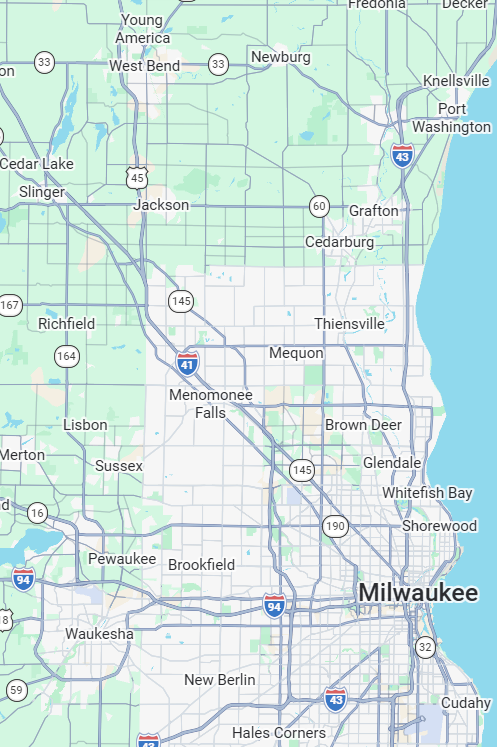 Map of greater Milwaukee WI Wisconsin area including Washington, Ozaukee, and Waukesha counties