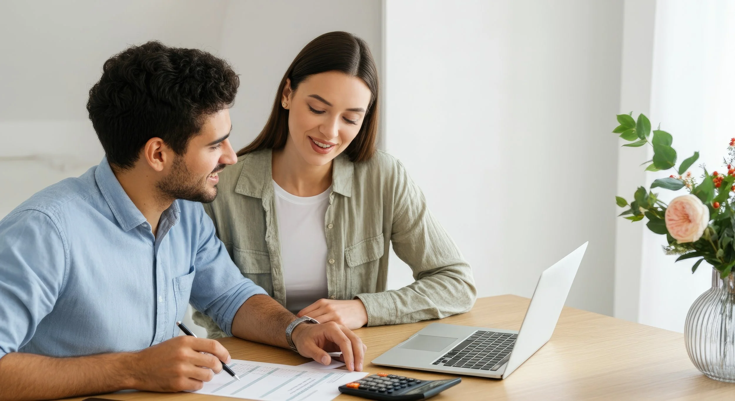 A man and woman sitting at a desk, smiling, with documents, a calculator, and a laptop, discussing financial or work-related matters in a well-lit room with a flower vase on the side.