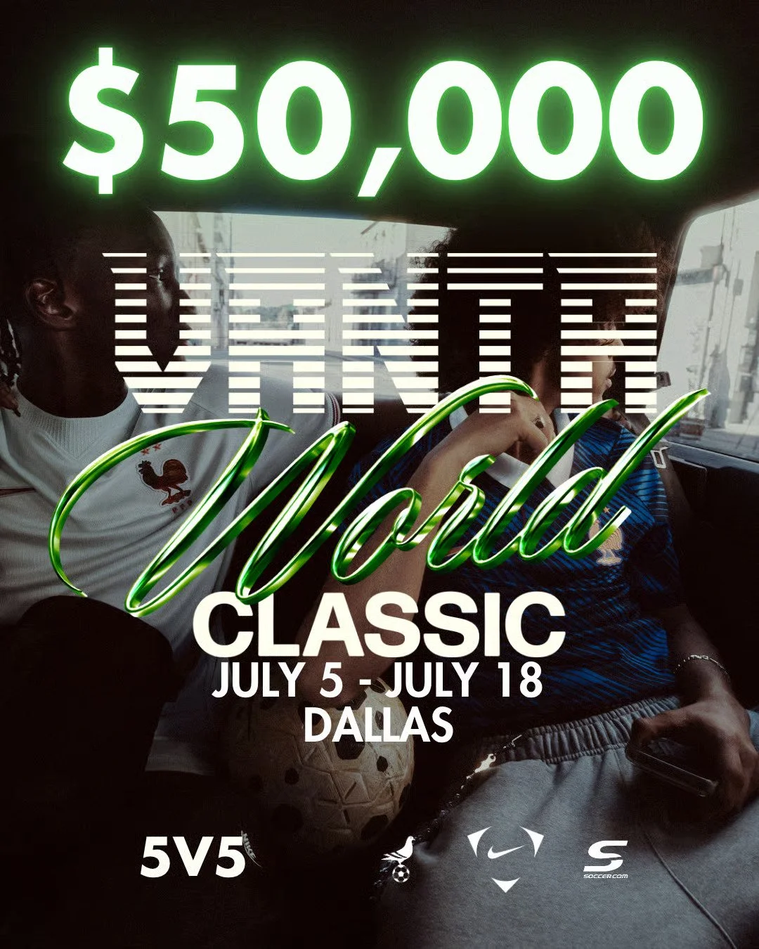 Advertisement for a Vodafone soccer event with a prize of $50,000. The event runs from July 5 to July 18 in Dallas. It features a 5v5 soccer game and displays logos for Soccer.com and Nike.