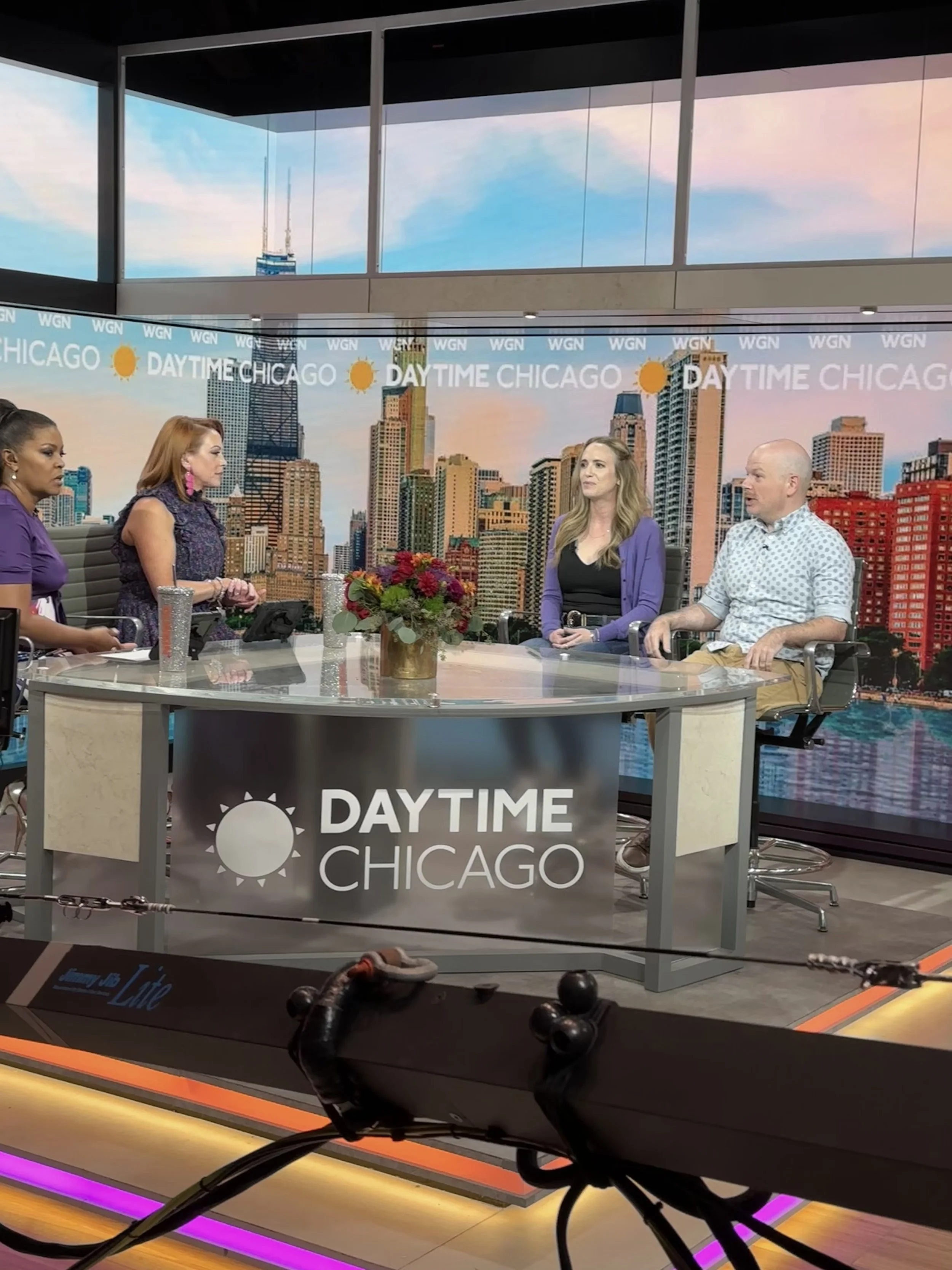 Television studio set with a backdrop of the Chicago skyline at sunset, displaying the text 'Daytime Chicago' and a sun icon, with five women seated at a table.