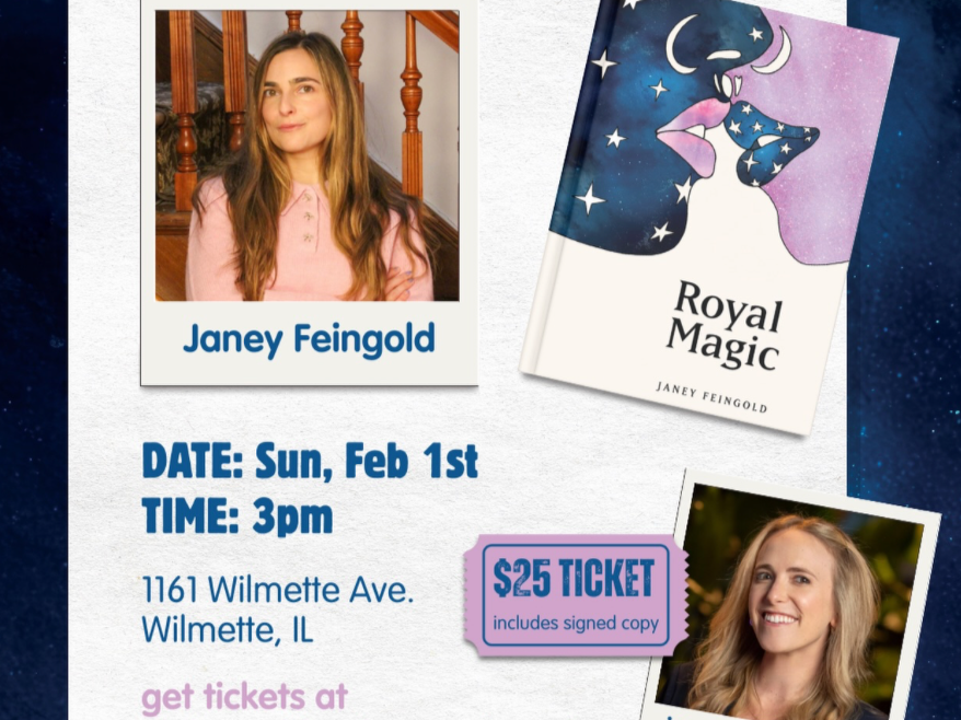 Event flyer for author Janey Feingold featuring her photo, a book titled 'Royal Magic', and details for a signing event on February 1st in Wilmette, IL.