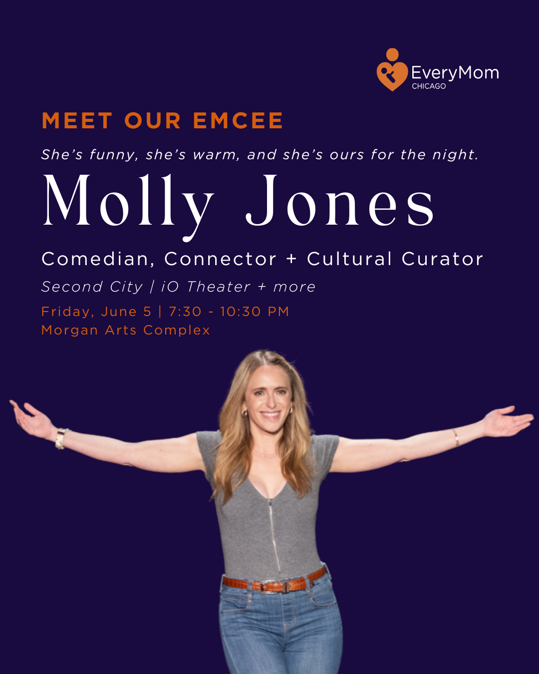 Event poster for Molly Jones at EveryMom Chicago, featuring her smiling with arms open, promoting her as a comedian and cultural curator, scheduled for June 5 from 7:30 to 10:30 PM at Morgan Arts Complex.
