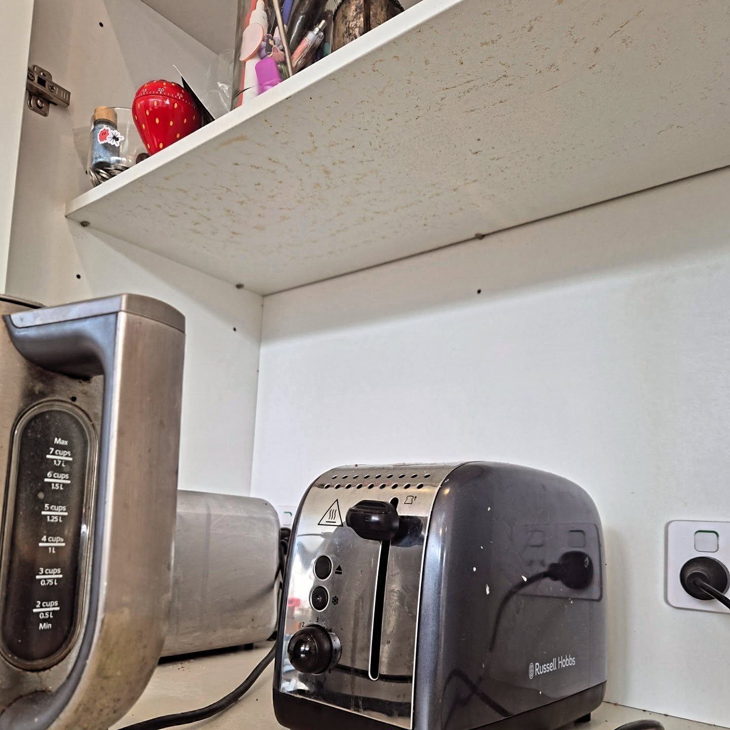 That mystery grime under your cabinets?
It's a combination of grease, dust and steam from your toaster and kettle that has literally baked onto the surface. 🍞💨 

Using a citrus oil (limonene) degreaser is the best way to break down those stubborn l