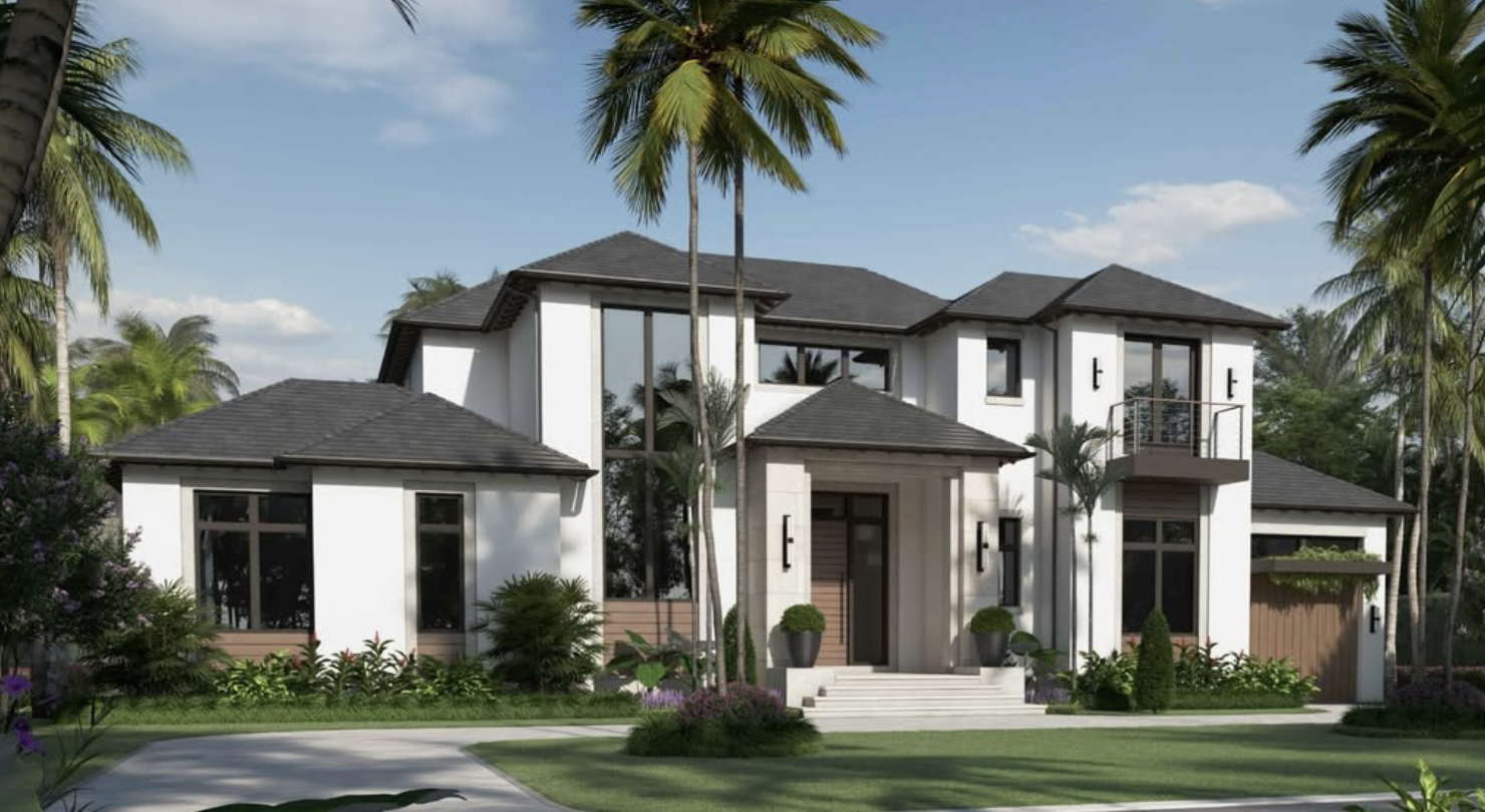 Modern two-story house with white exterior walls, dark roofs, large windows, and a front entrance with stairs, surrounded by a lush garden with palm trees and green grass.