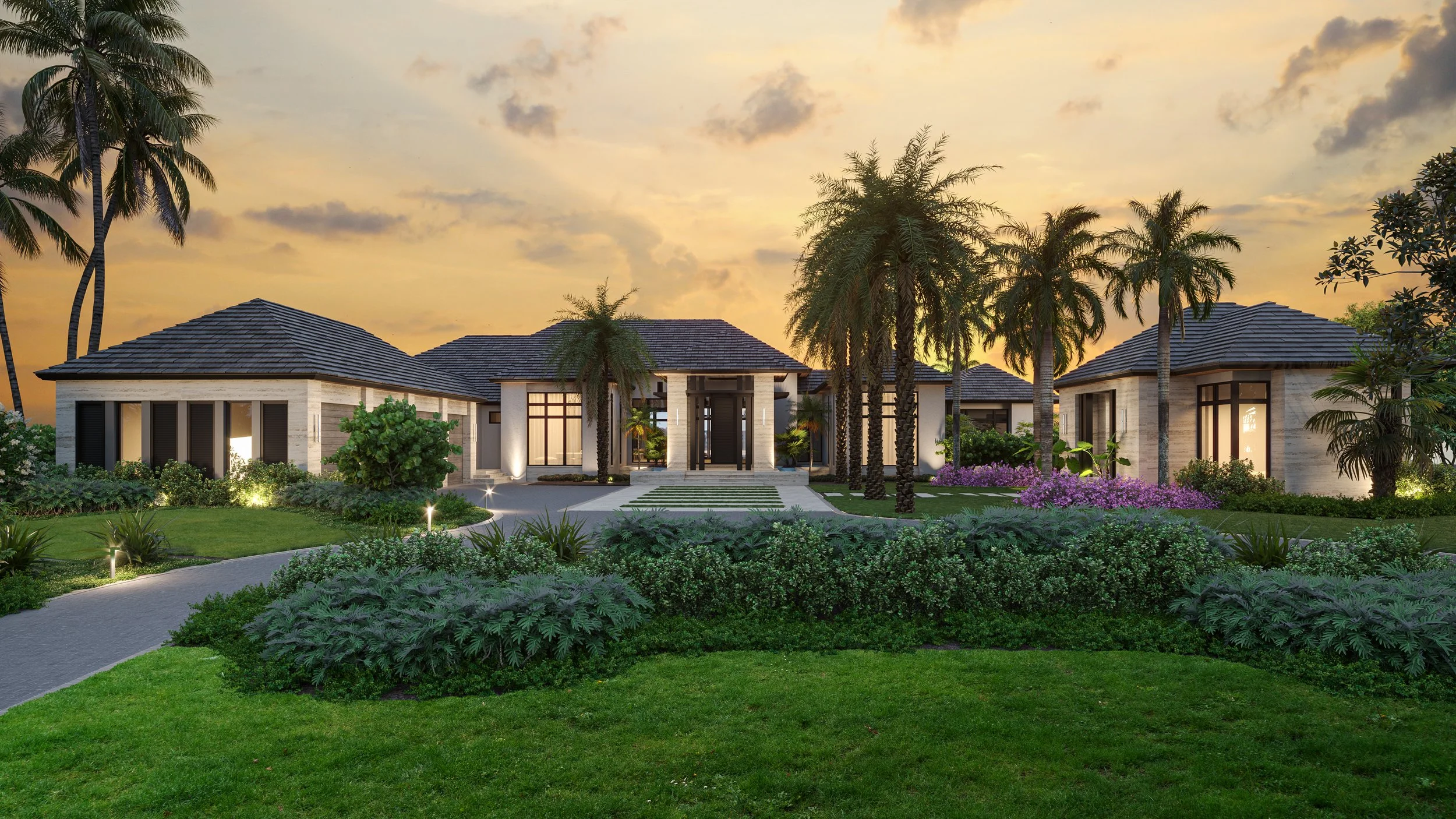 Luxury modern home with a landscaped garden, palm trees, and a sunset sky.