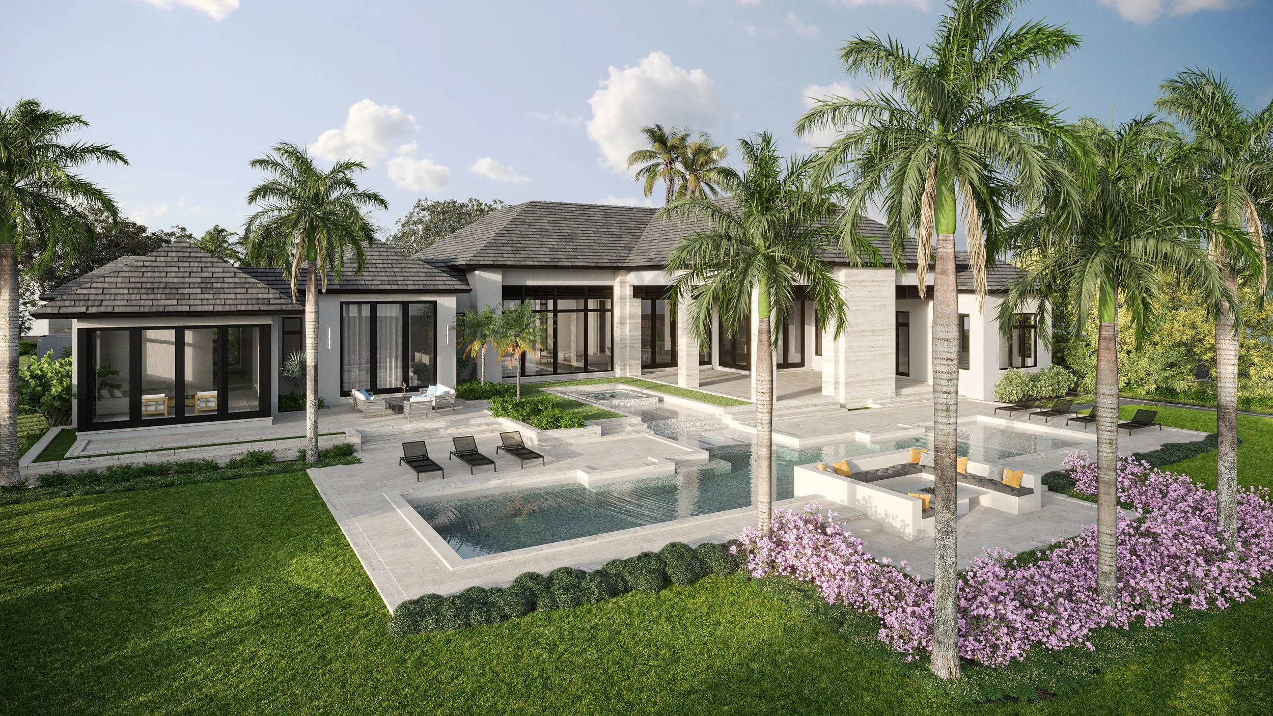 Modern house with large glass doors and windows, surrounded by palm trees, landscaped garden, outdoor seating area, swimming pool with lounge chairs, and flowering bushes.