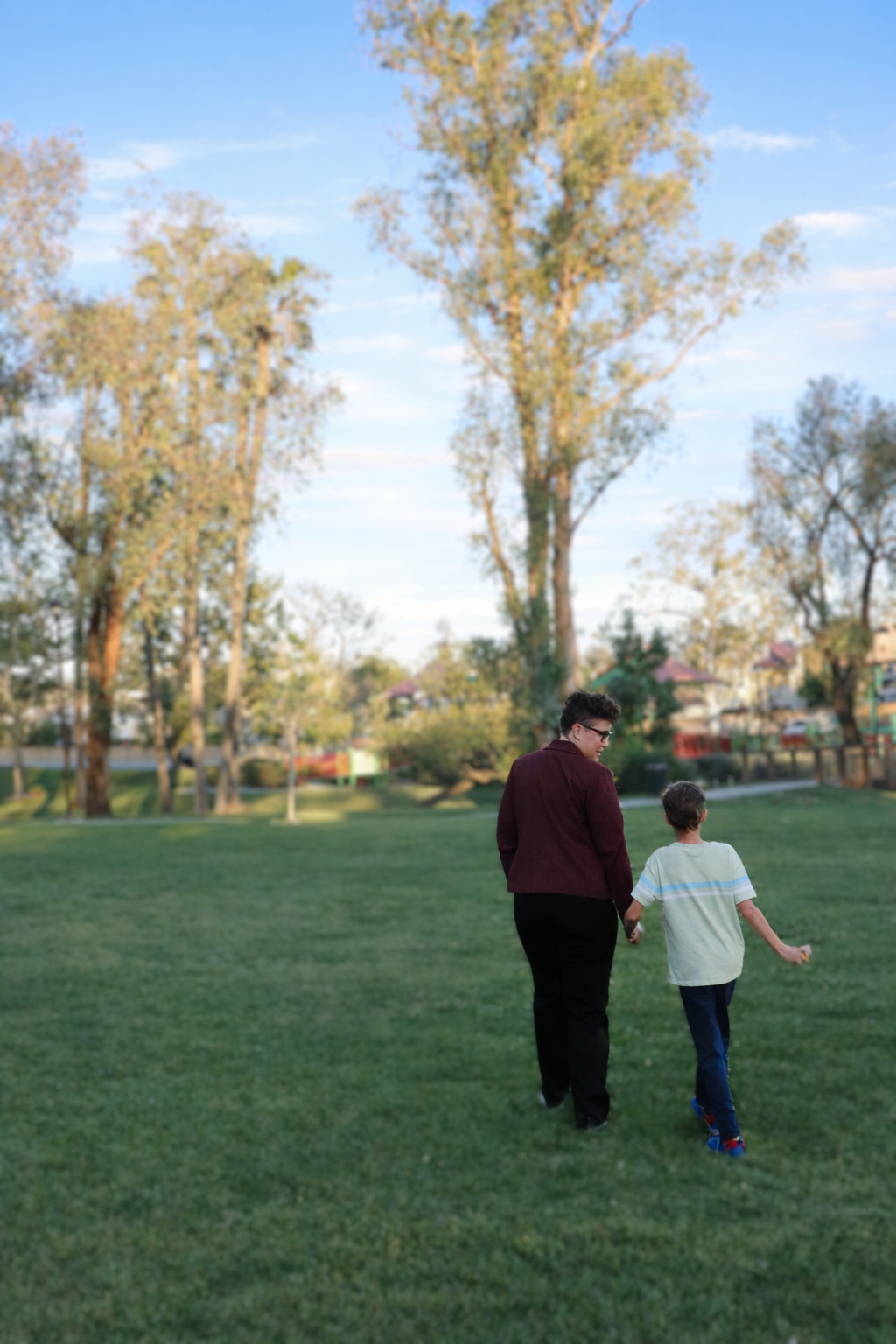 A person and a child walk away from the camera across a grassy park, holding hands. Tall trees line the park, with houses and a playground visible in the background under a blue sky.