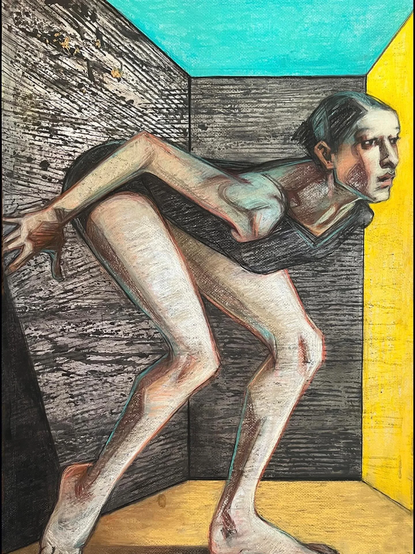 Diane Rosen @dianerosenstudio 
&ldquo;I&rsquo;m Out of Here&rdquo;
Pastel &amp; Acrylic on paper
43 x 31&rdquo;

A striking figurative work that captures psychological tension and transformation through form and space.

Rosen&rsquo;s use of compresse
