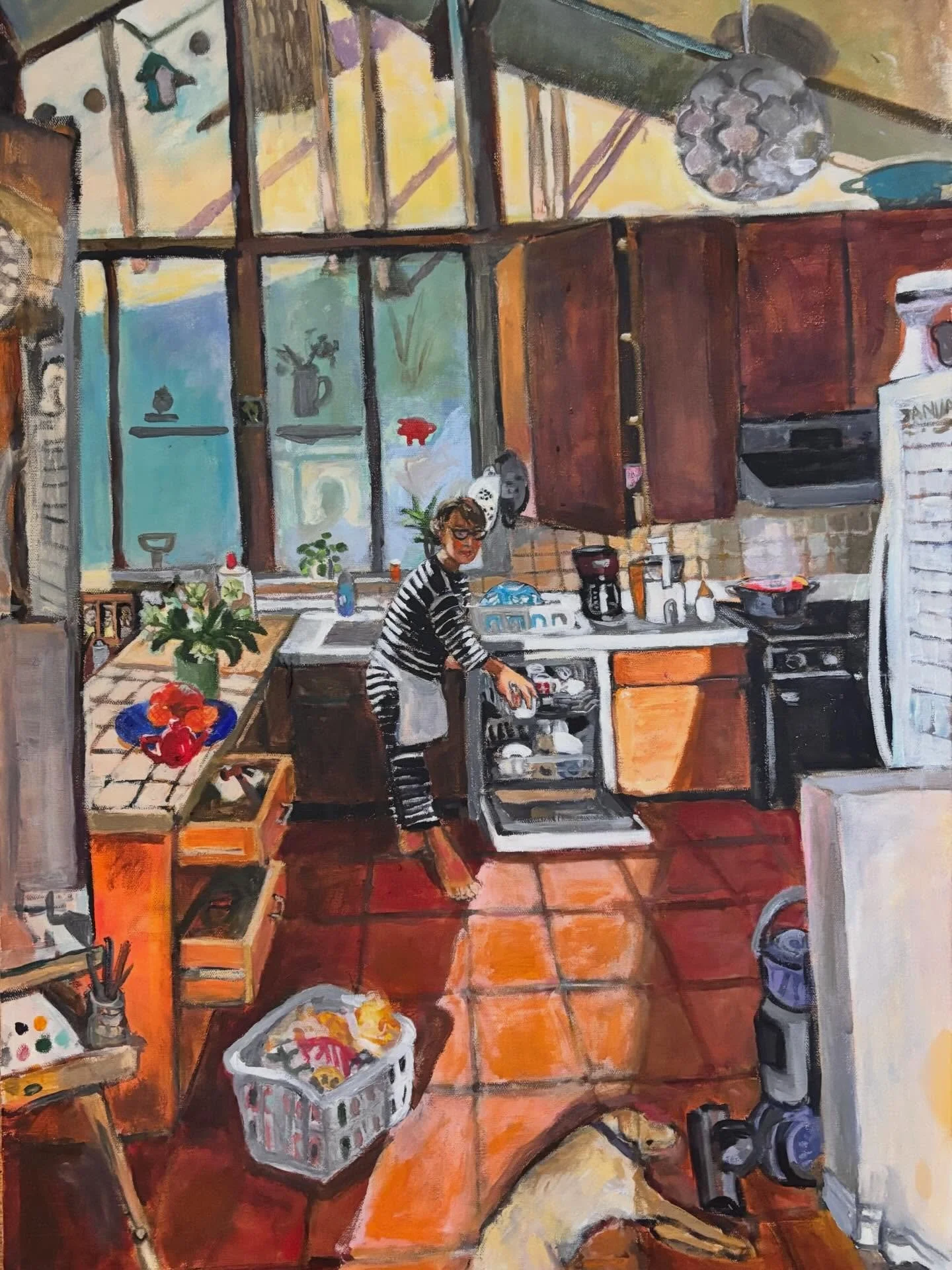 Trine Giaever @trinegiaever 

Set within a richly layered domestic interior, this painting reflects on the act of artistic creation as it unfolds alongside the rhythms of daily life. The artist depicts herself within a space shaped by two distinct so