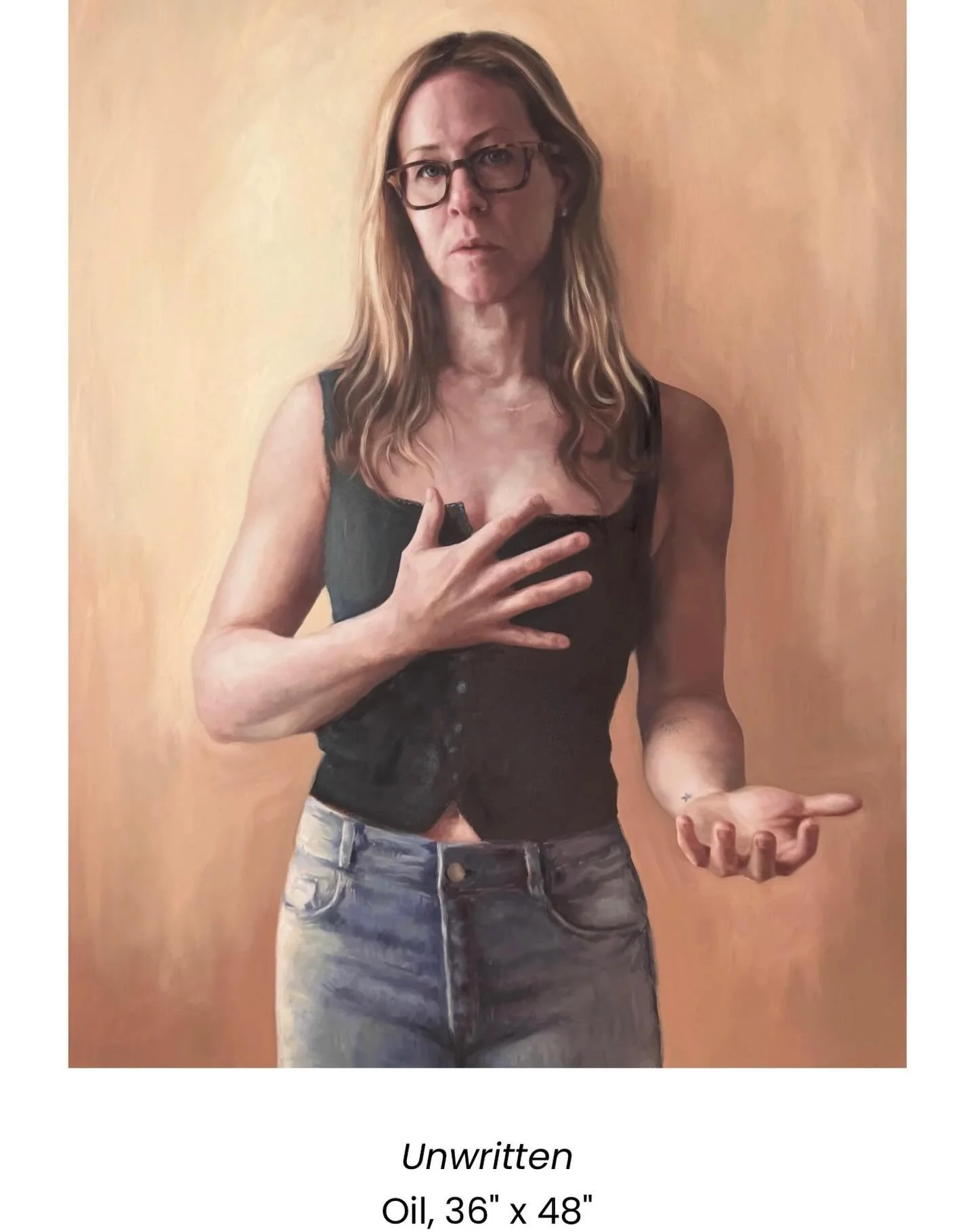 UNWRITTEN
Lauren Rudolph
Oil on Canvas &bull; 36&rdquo; x 48&rdquo;

There is a quiet power in what remains unsaid.

In Unwritten, Lauren Rudolph captures a deeply human moment suspended between vulnerability and strength. With one hand resting over 