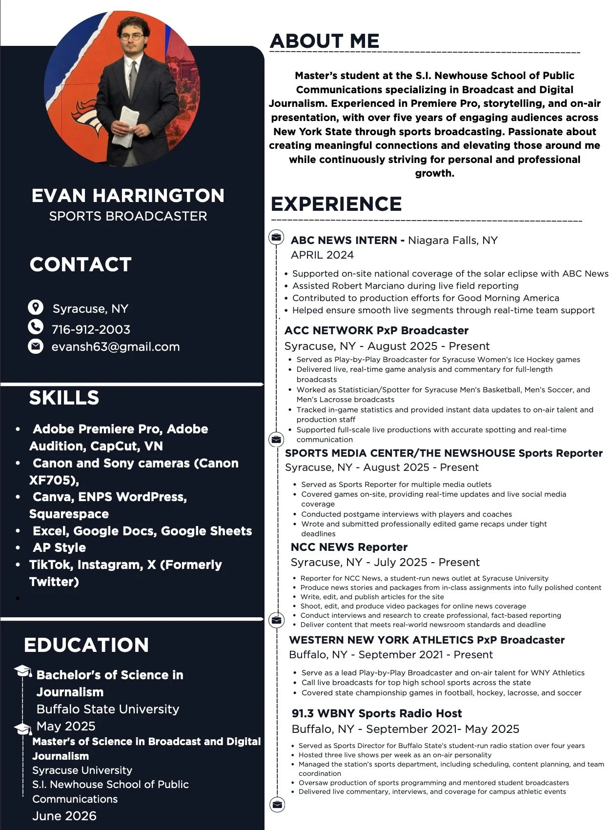 A digital resume or profile page for Evan Harrington, a sports broadcaster, featuring his photo, contact information, skills, education, and experience in broadcasting and journalism.
