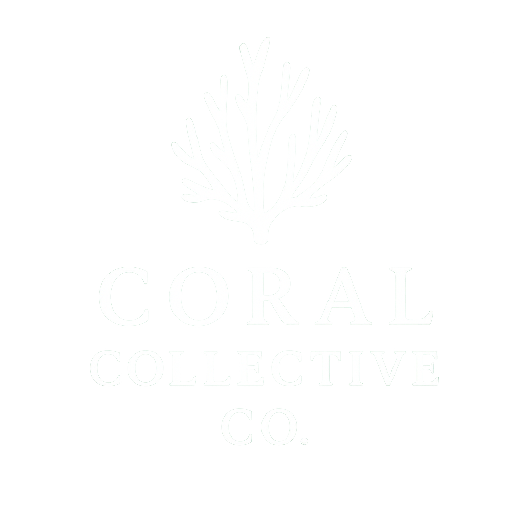 Black background with a white coral illustration above the text 'Coral Collective Co.'