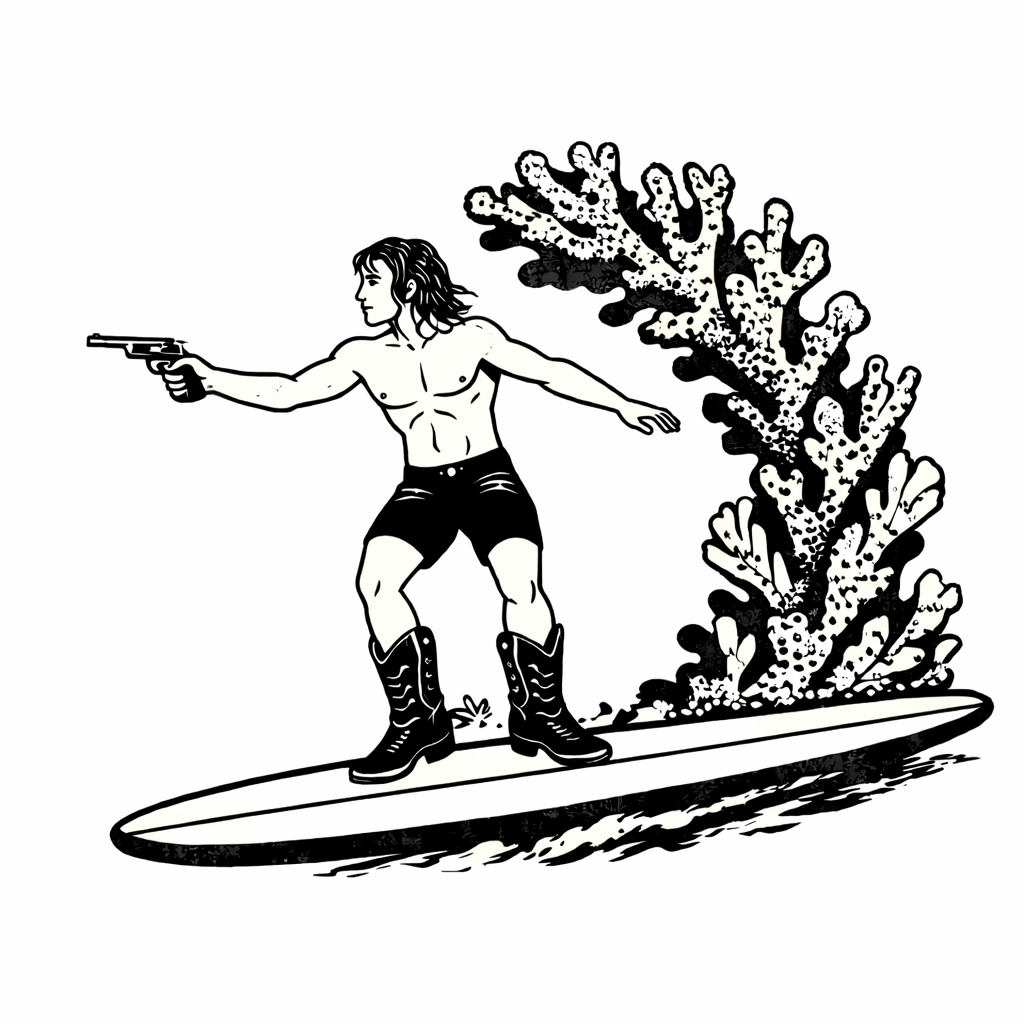 A person with long hair, shirtless and wearing shorts and boots, surfing on a surfboard with a coral reef behind them.