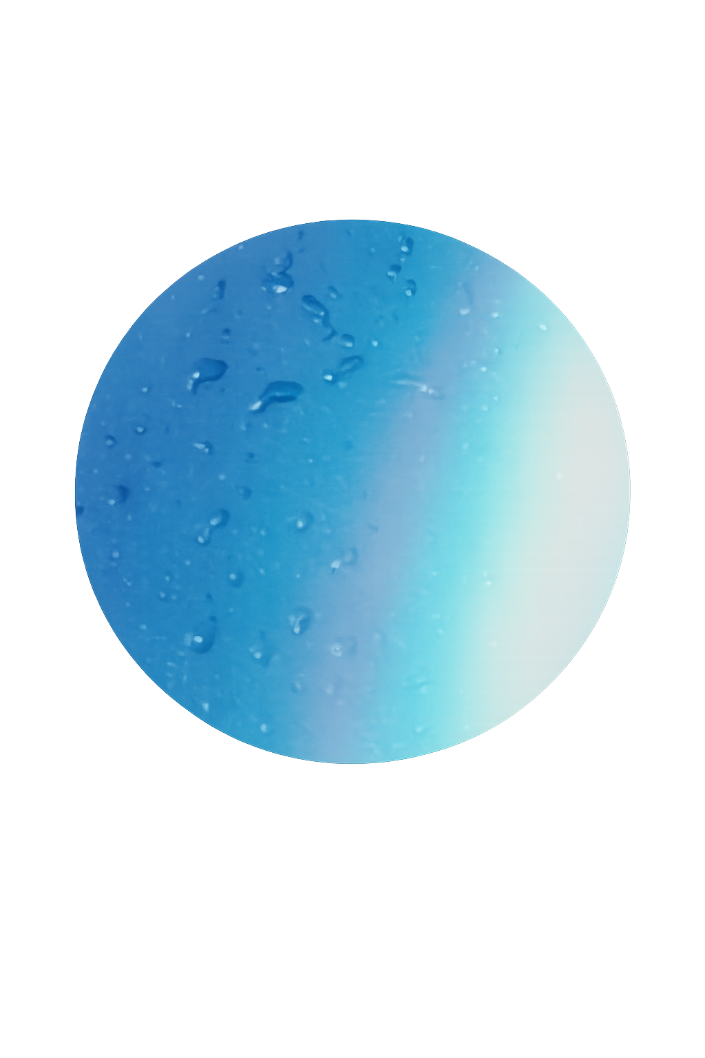 A close-up of a round, blue object with water droplets on its surface, resembling a sphere.