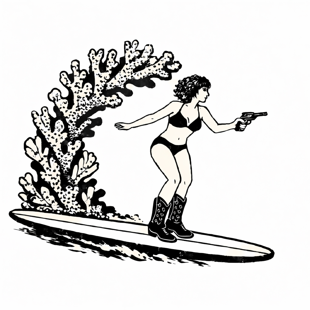 A woman with curly hair in a bikini, wearing boots, surfing on a surfboard while holding a gun.