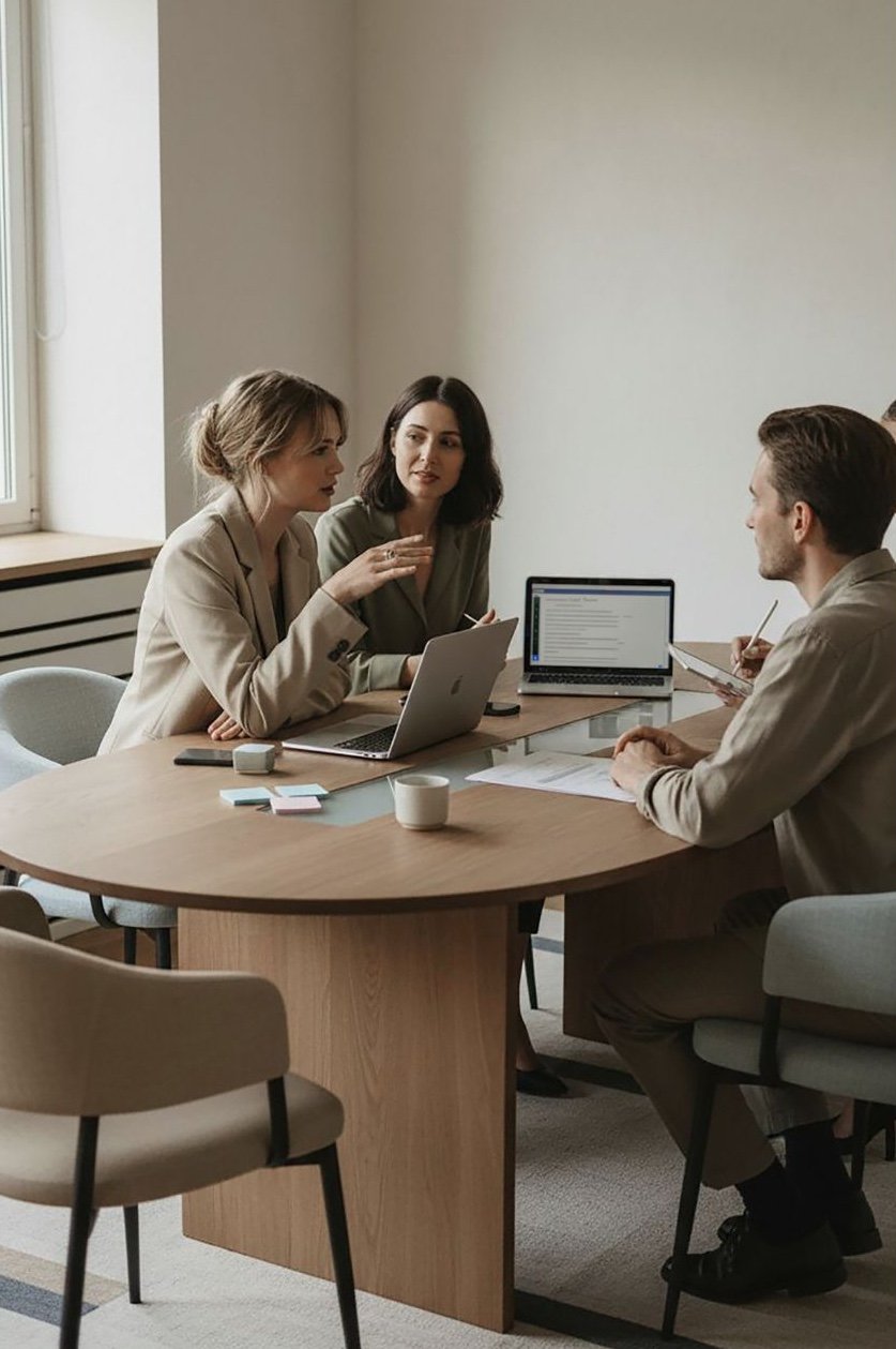 Three professionals discussing employee benefits strategy in a modern office — the kind of collaborative approach Core Group Consulting brings to every client relationship.