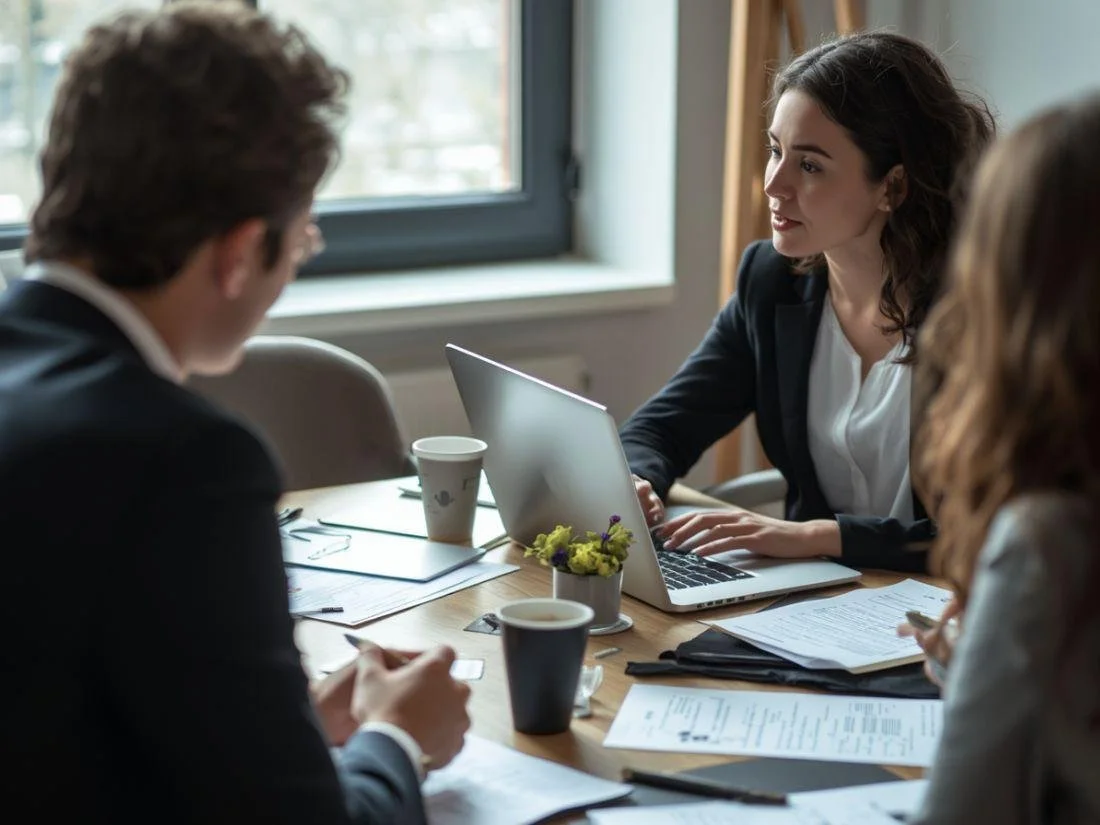 A benefits consultant reviews plan details on a laptop with two clients across a table, documents and coffee spread between them in a relaxed office setting