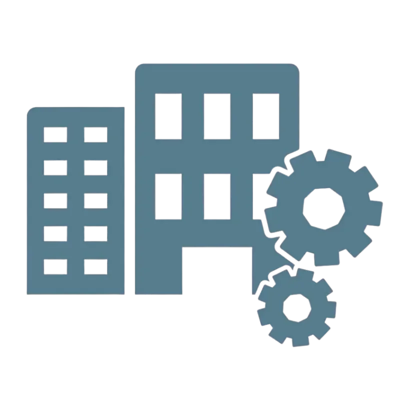 buildings with gear icons representing Core Group Consulting supporting business systems.