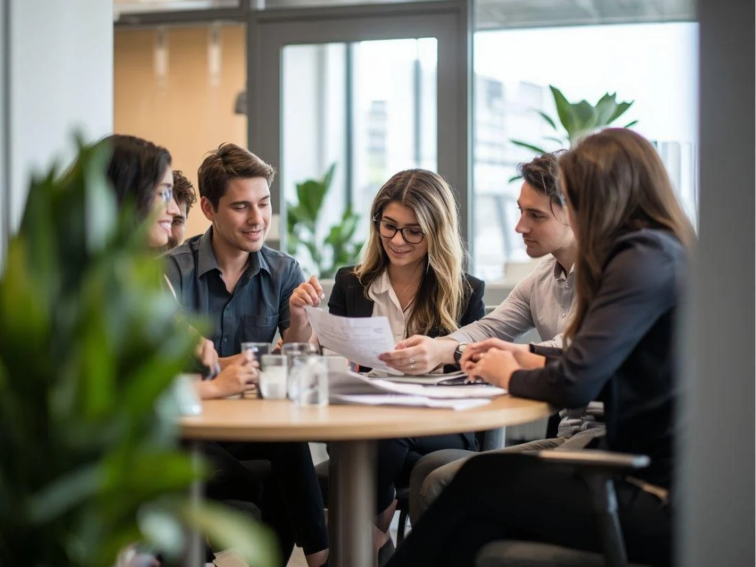A small team reviews employee benefits documents together at a round table in a bright, plant-filled office setting.
