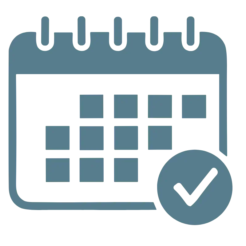 Calendar with a checkmark icon representing scheduled employee benefits reviews and annual open enrollment support.