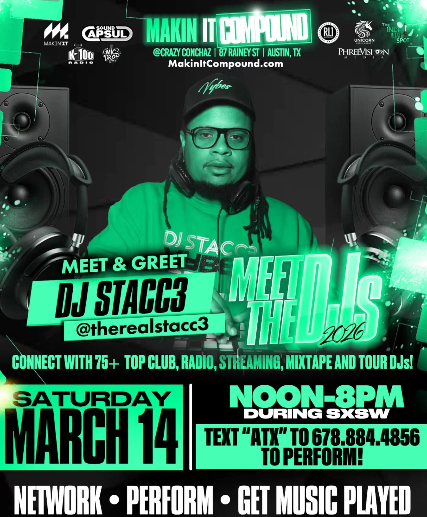 Meet DJ Stacc3 at The Makin&rsquo; It Compound during #SXSW 🎧🔥
Join me alongside 200+ DJs, media personalities, and industry tastemakers for one of the most influential link-ups of the week.
🎟 RSVP is FREE
🏆 Ticket holders can nominate for Tastem